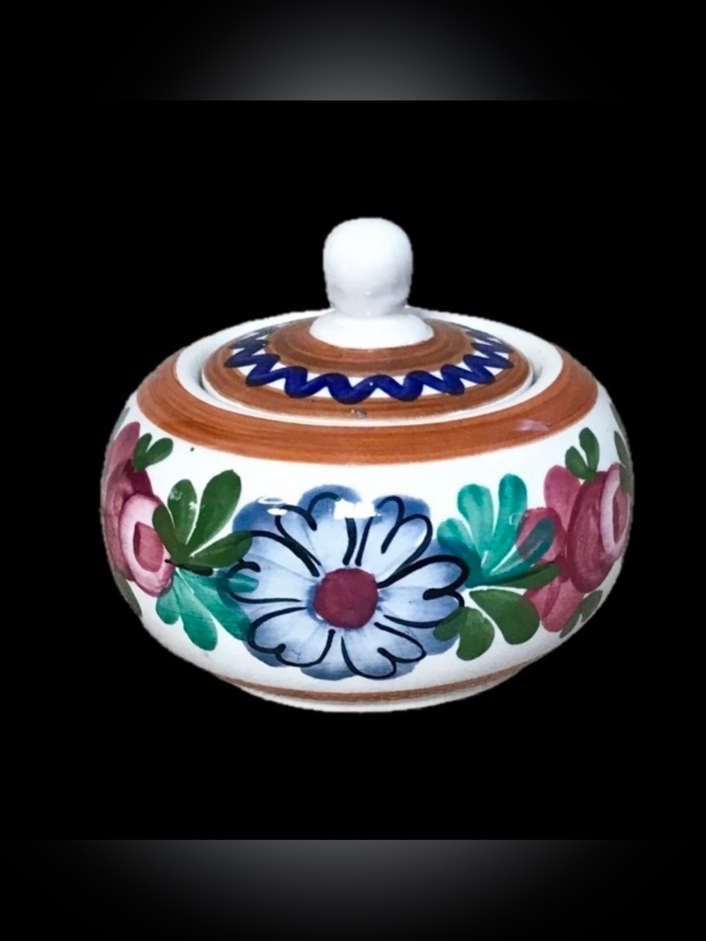 Schwex Austria Hand Painted Majolica Floral Lidded Sugar Bowl Trinket Dish